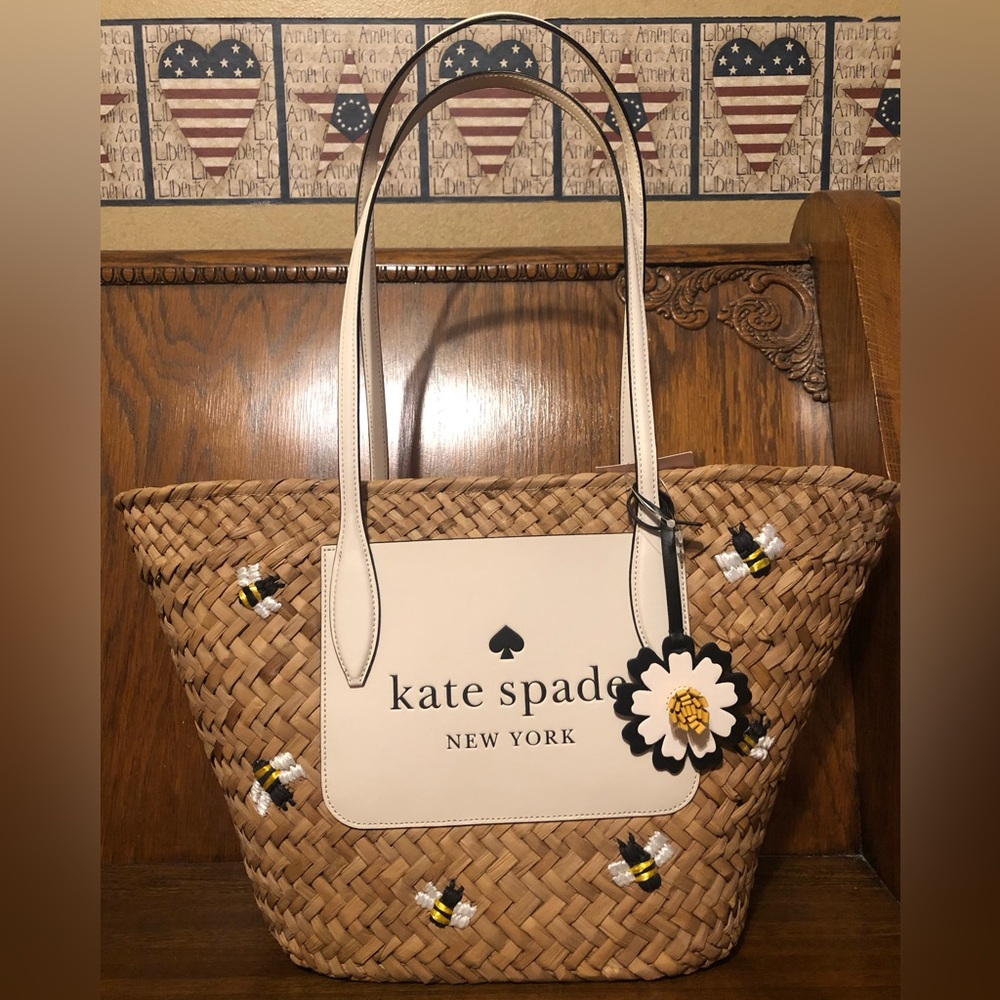 *NWT-Kate Spade-Honey Bee π Straw/Leather Tote, Lg Wallet & Card Holder-807: - Picture 2 of 16